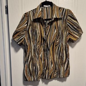 CASA DONNA short sleeve blouse, 35% Linen, button up, cream, browns & black, M.